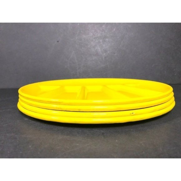 1 Vintage yellow MCM enamel divided dish Mid century modern metal fondue plate, - Picture 5 of 10